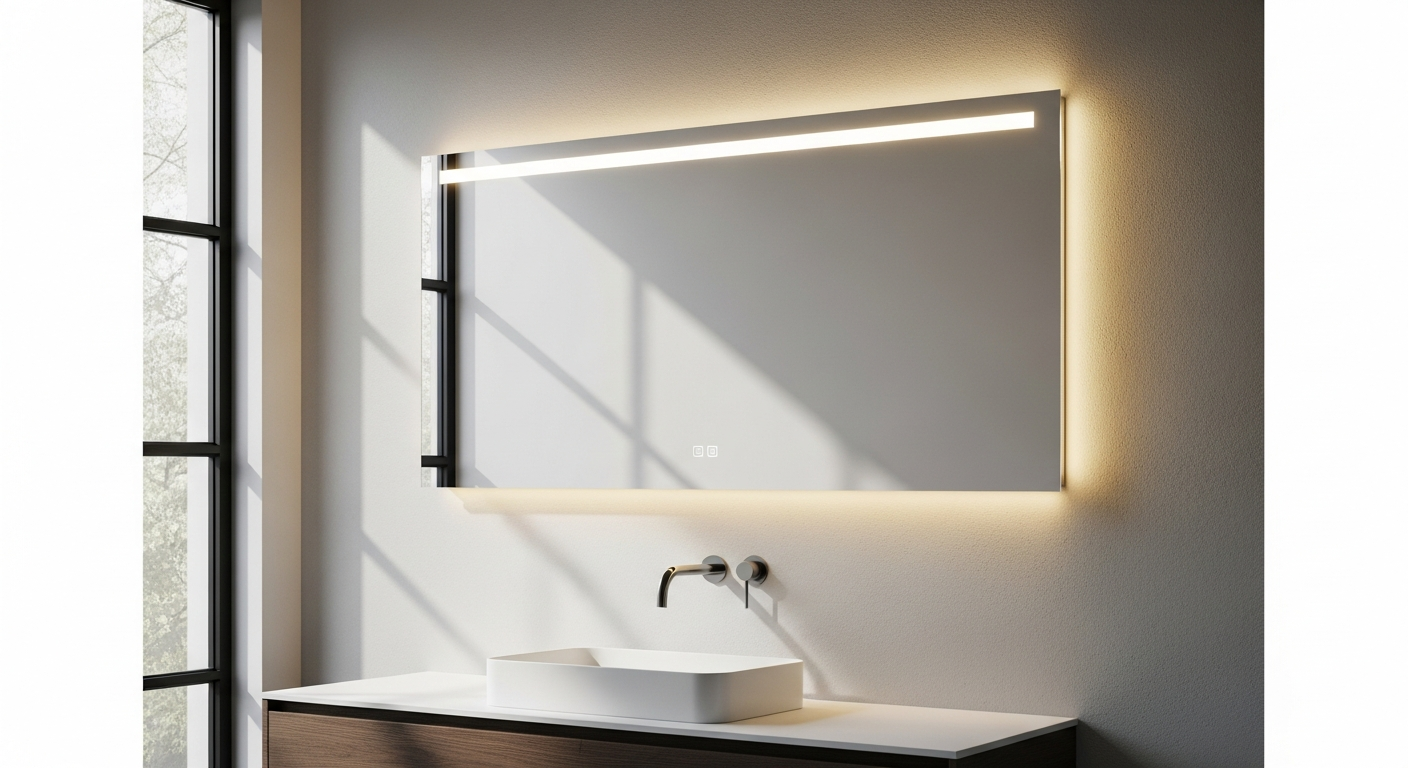 Modern designer LED mirror cabinet with integrated lighting in contemporary bathroom
