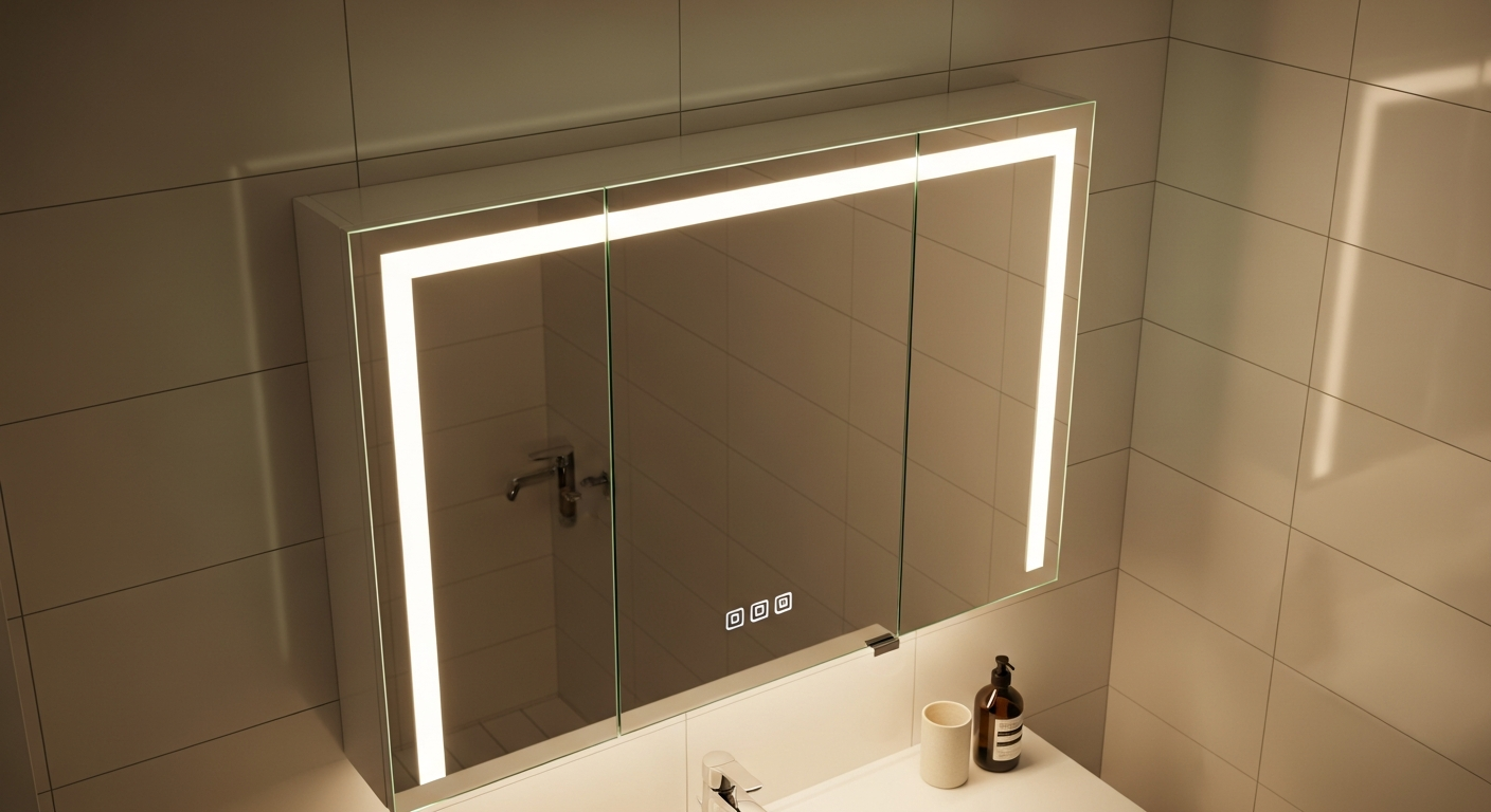 Modern LED-illuminated bathroom mirror cabinet with integrated lighting and storage compartments