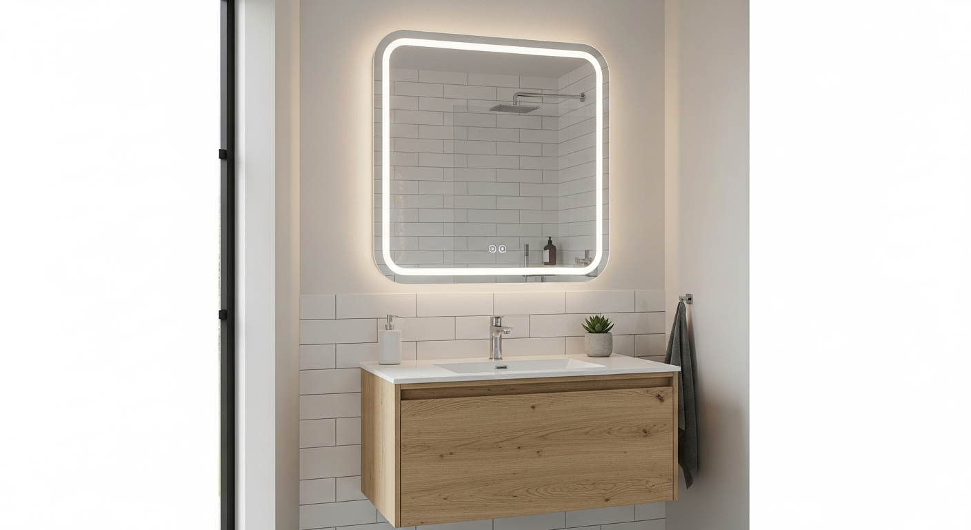 Modern bathroom with elegant LED mirror cabinet featuring dimmable lighting and storage