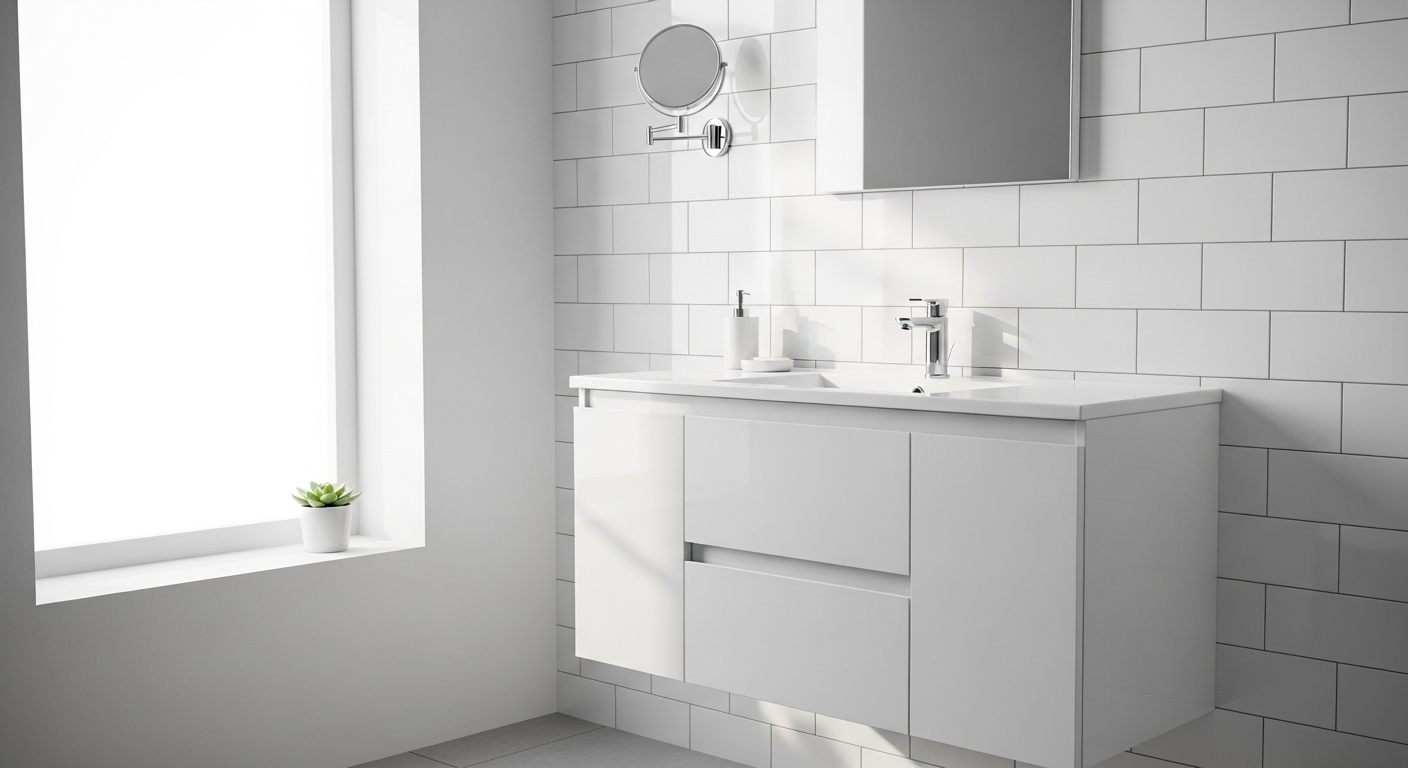 Modern Zafiro 90cm bathroom vanity unit with glass washbasin and minimalist design
