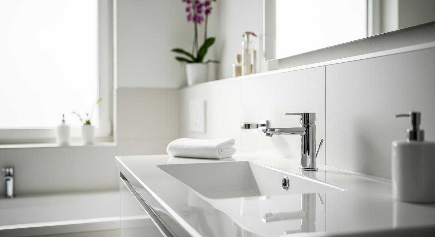 Modern bathroom vanity unit with integrated ceramic washbasin and storage drawers