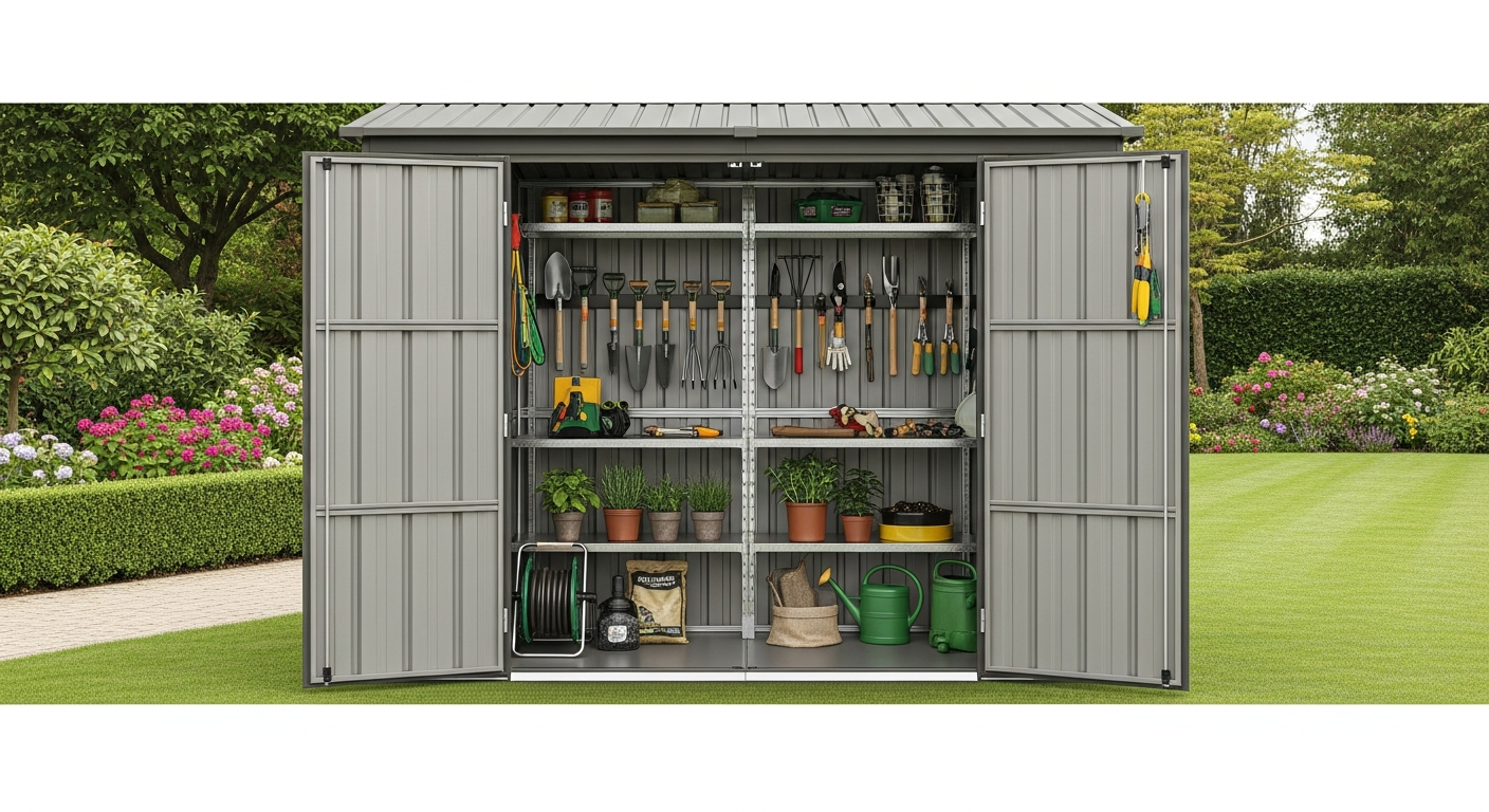Anthracite metal garden shed with sliding doors and ventilation slots