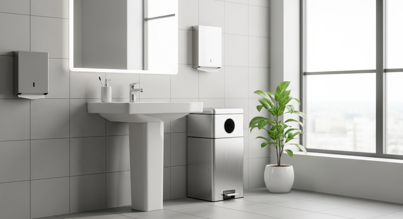Commercial feminine hygiene bin with hands-free foot pedal in modern workplace washroom