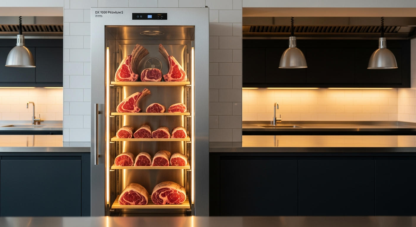 DRY AGER DX 1000 Premium S stainless steel dry aging cabinet with glass door and LED lighting