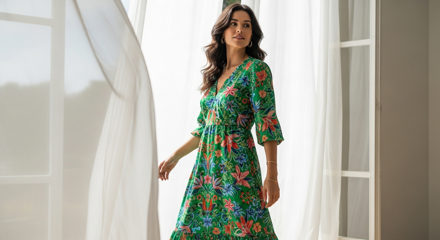 Green floral vibing maxi dress with pink flowers on lush green background