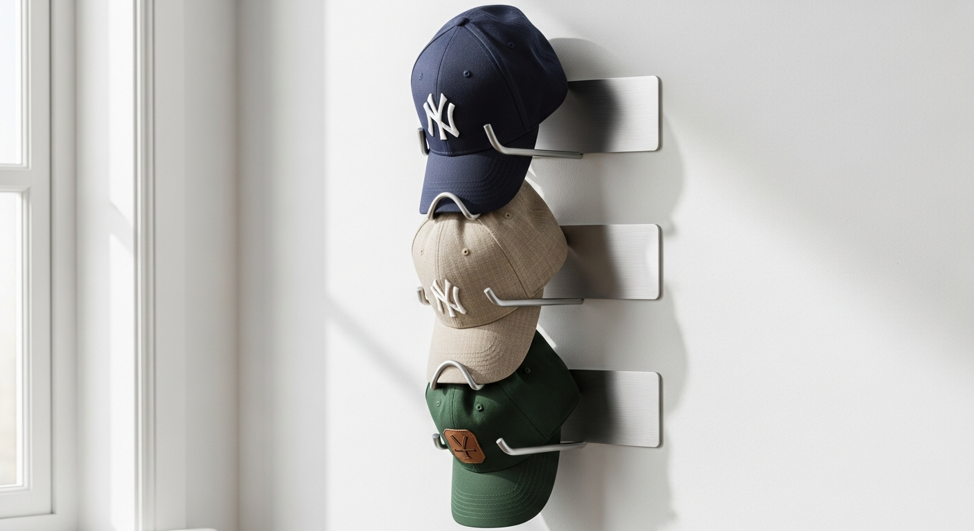 Adhesive baseball cap wall hanger organizer mounted on apartment wall displaying organized cap collection