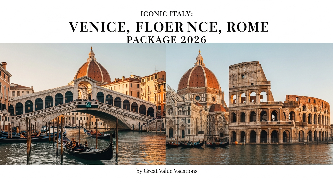 Venice, Florence, and Rome iconic landmarks representing Italy's three most legendary cities