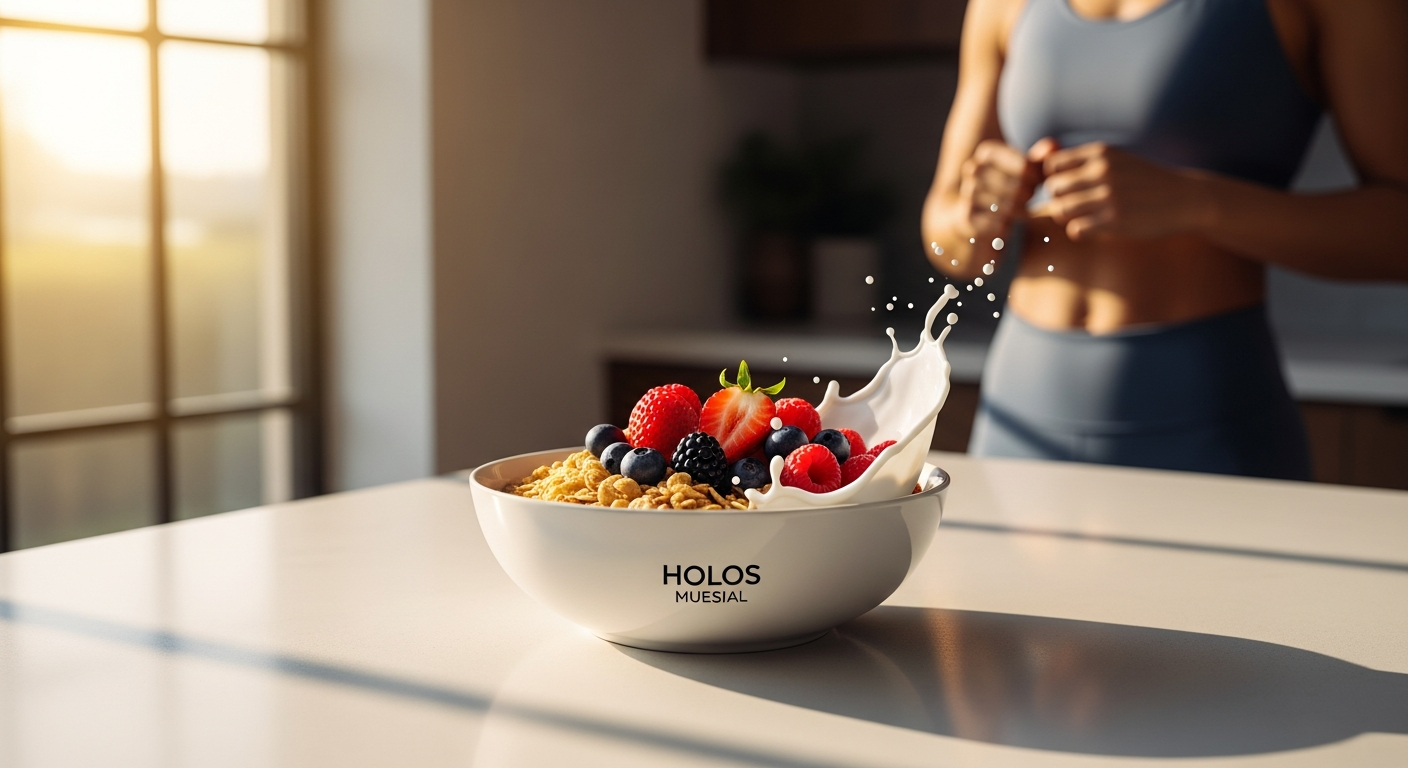 HOLOS Organic Overnight Muesli Breakfast bowl with fresh berries and nuts for athletic nutrition