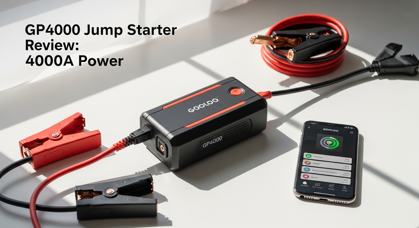GOOLOO GP4000 portable car jump starter with dual USB ports and LED flashlight displayed