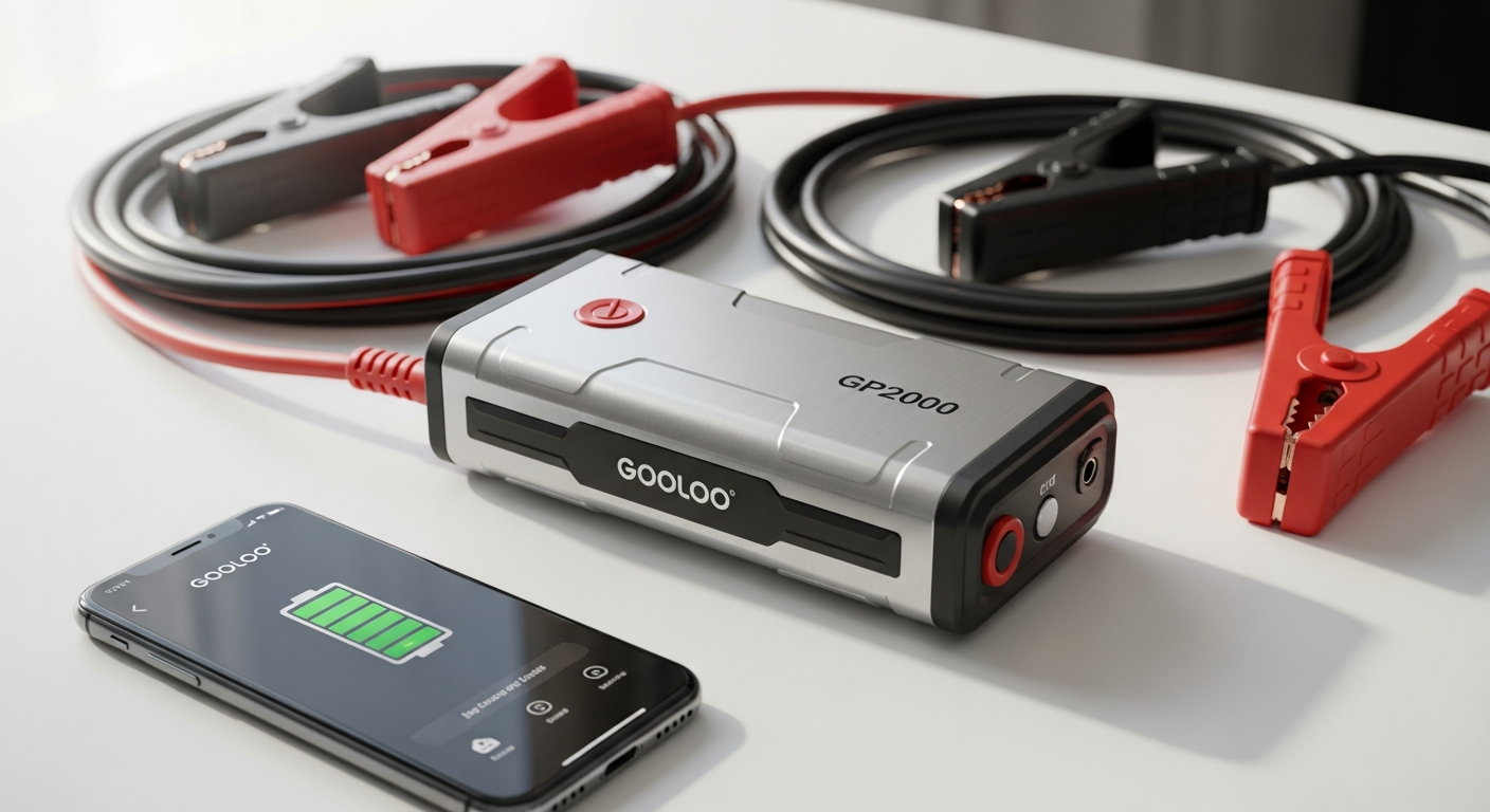 GOOLOO GP2000 portable car jump starter with dual USB ports and LED flashlight displayed on vehicle dashboard