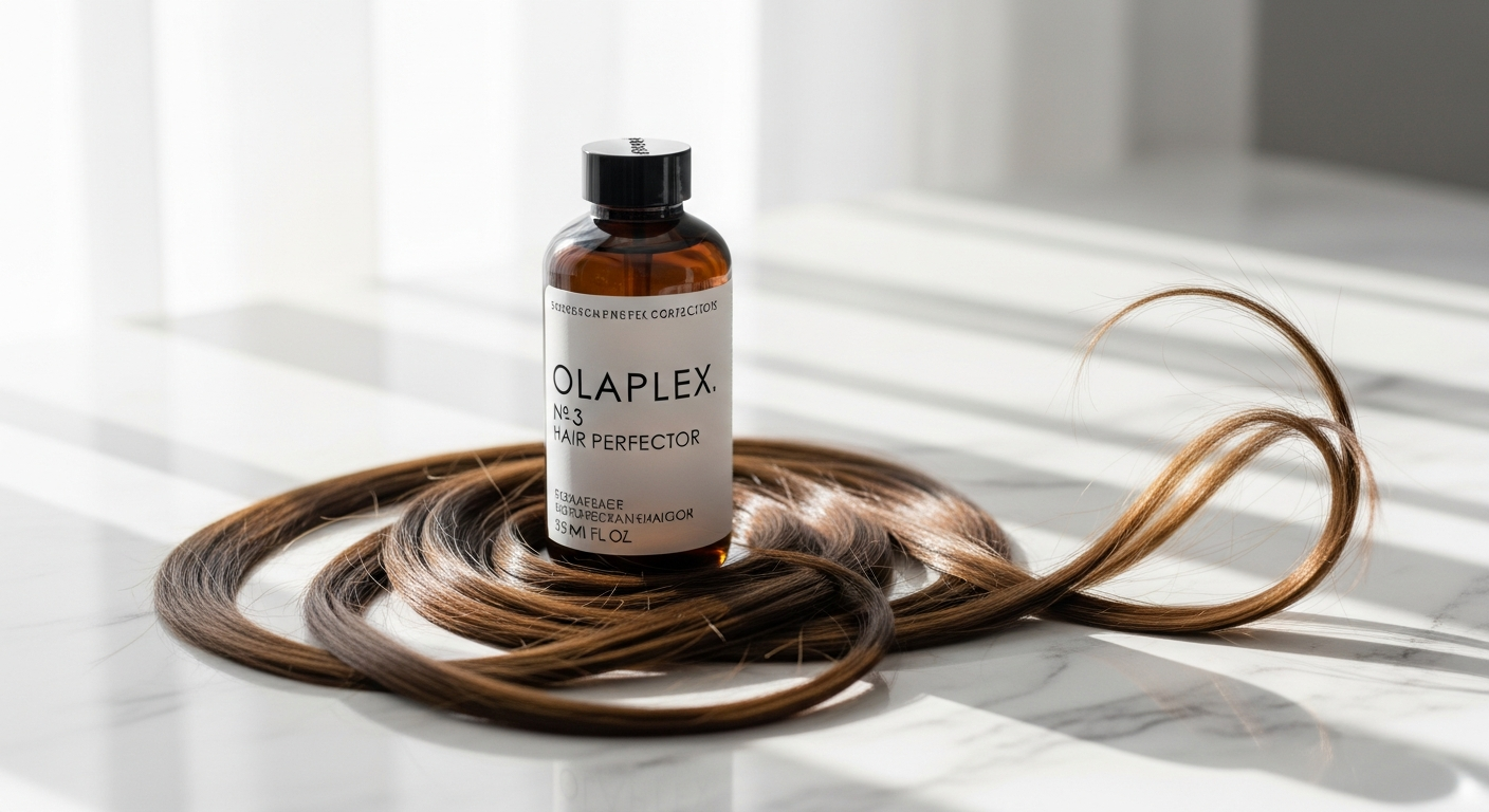 Olaplex No. 3 Hair Perfector bottle displayed with color-treated blonde hair strands