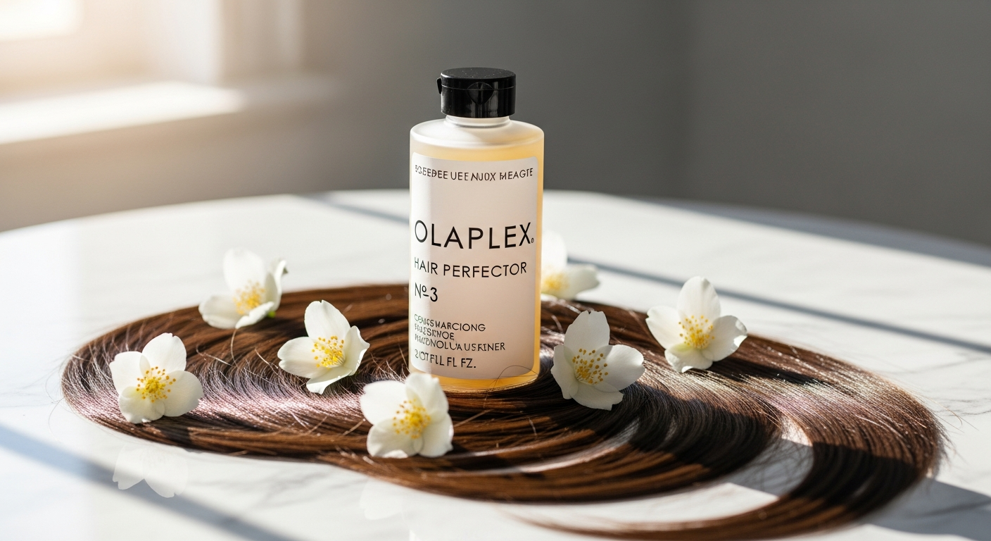 Olaplex No. 3 Hair Perfector Treatment bottle with damaged blonde hair strands