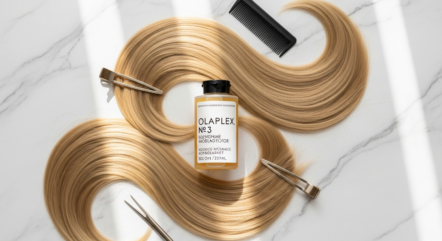 Olaplex No. 3 Hair Repair Treatment bottle displayed with bleached blonde hair strands