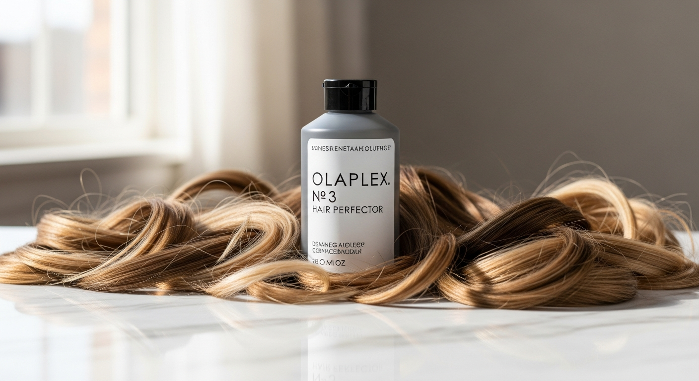 Olaplex No. 3 Hair Perfector bottle with damaged hair strands before and after treatment