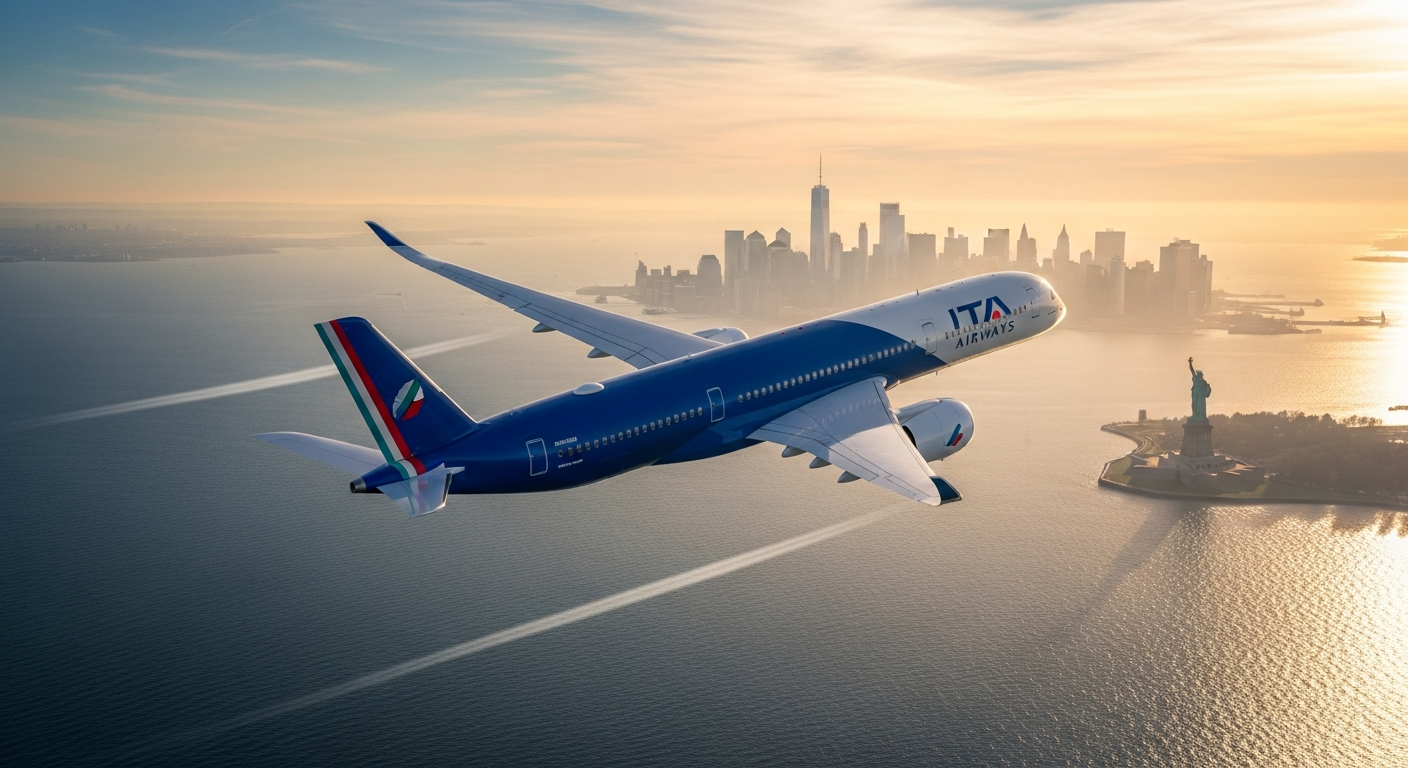 ITA Airways aircraft flying over the Atlantic Ocean during daytime