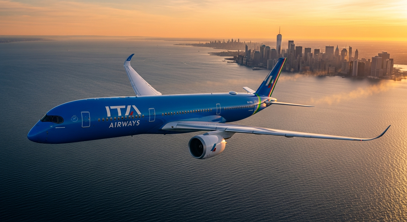 ITA Airways aircraft flying over Atlantic Ocean toward New York skyline