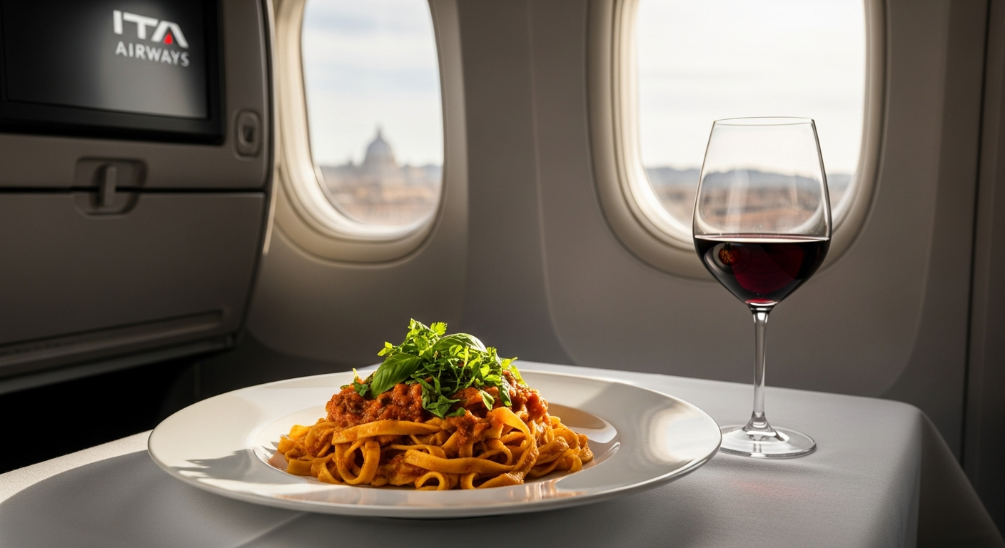 ITA Airways modern aircraft serving gourmet Italian inflight dining