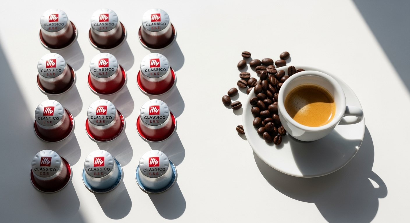 Illy Classico E.S.E. espresso pods in foil packaging with espresso machine