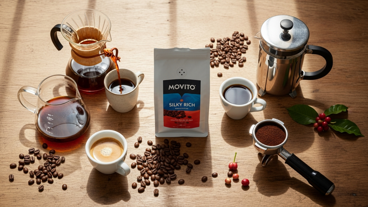 Movito Silky Rich Organic Coffee Blend bag with brewing equipment