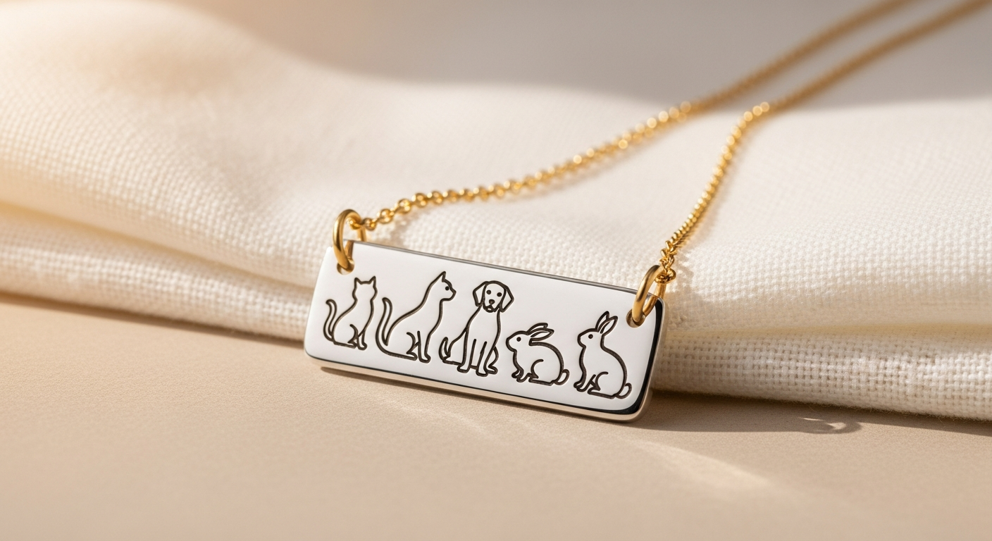 Personalized pet charm necklace rectangle with custom pet photo in gold coating