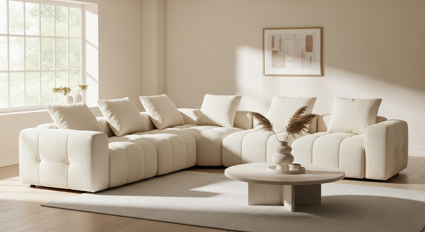 MILYsofa SOFATIME modular bouclé corner sofa in stone beige with chaise longue in modern living room