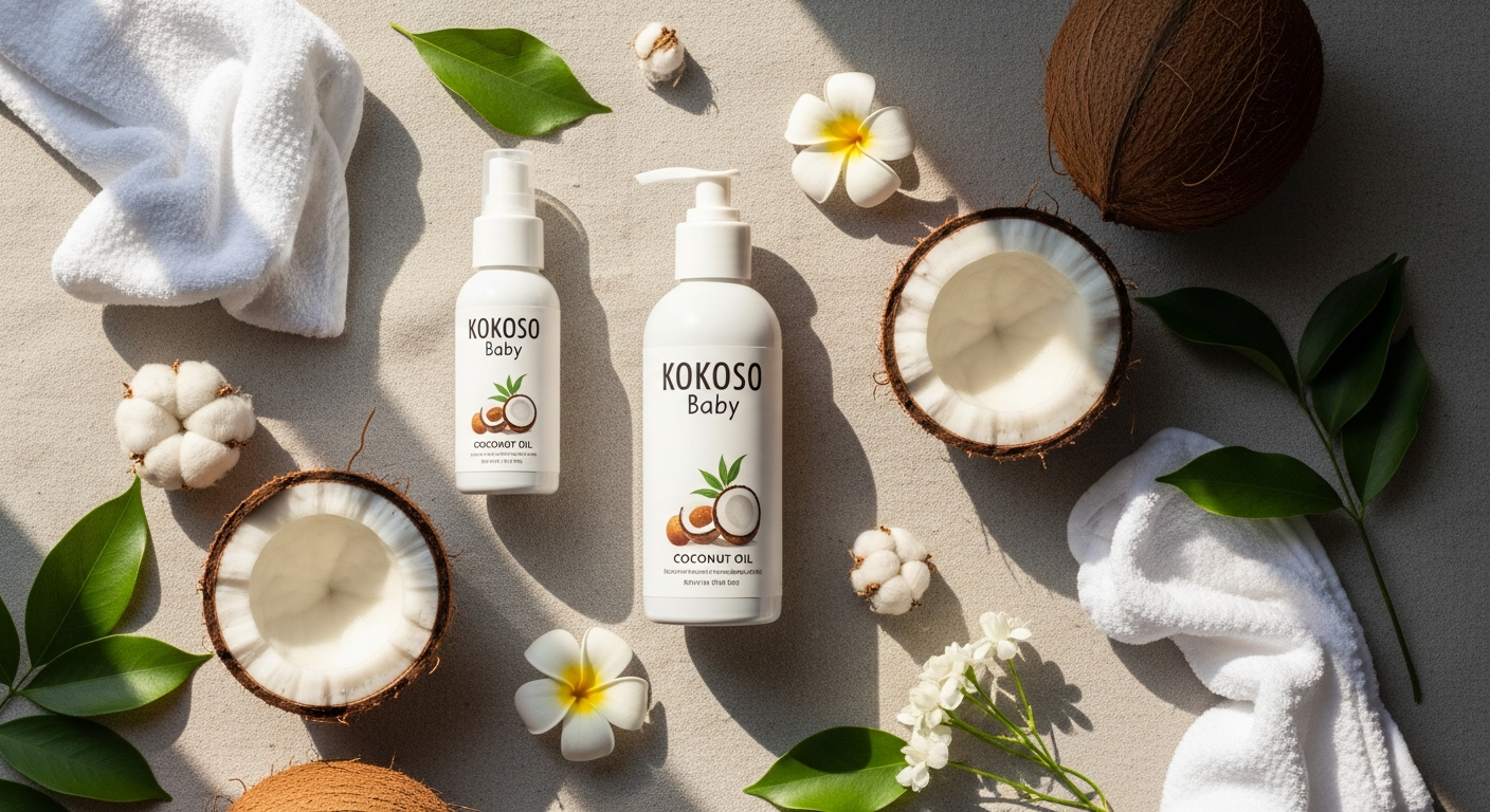 Kokoso Baby Organic Coconut Oil jar displayed with fresh coconuts and natural ingredients