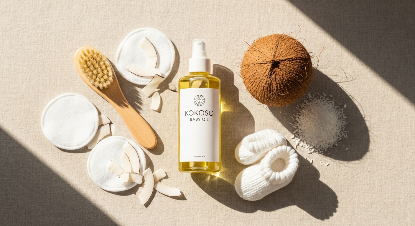 Kokoso Baby Organic Coconut Oil bottle displayed with natural coconut and baby skincare products