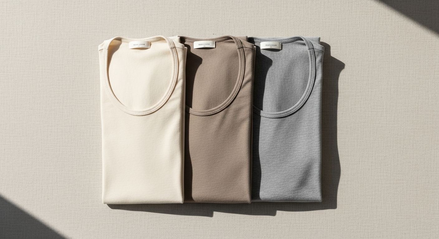 Modest layering shell tops in neutral colors displayed on a white background