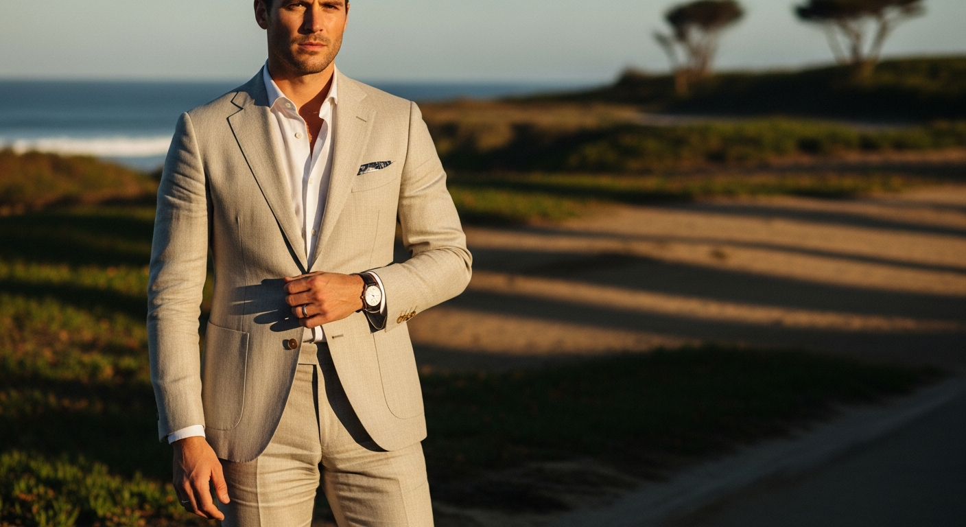M.J. Bale Robertson Linen Suit styled for Australian summer occasions