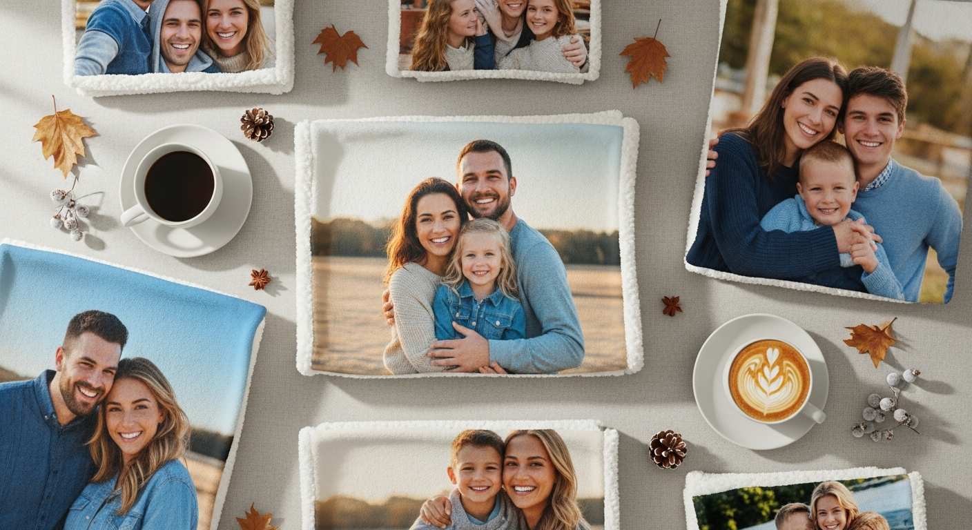 Personalized custom photo blanket gift with family photos displayed on couch