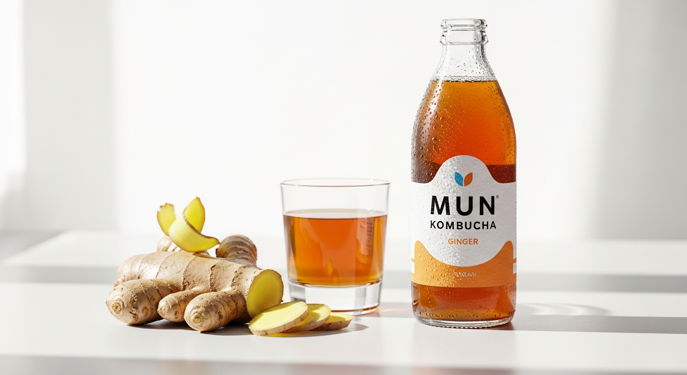 Mun Kombucha Ginger bottle with ginger root and apple slices on wooden surface