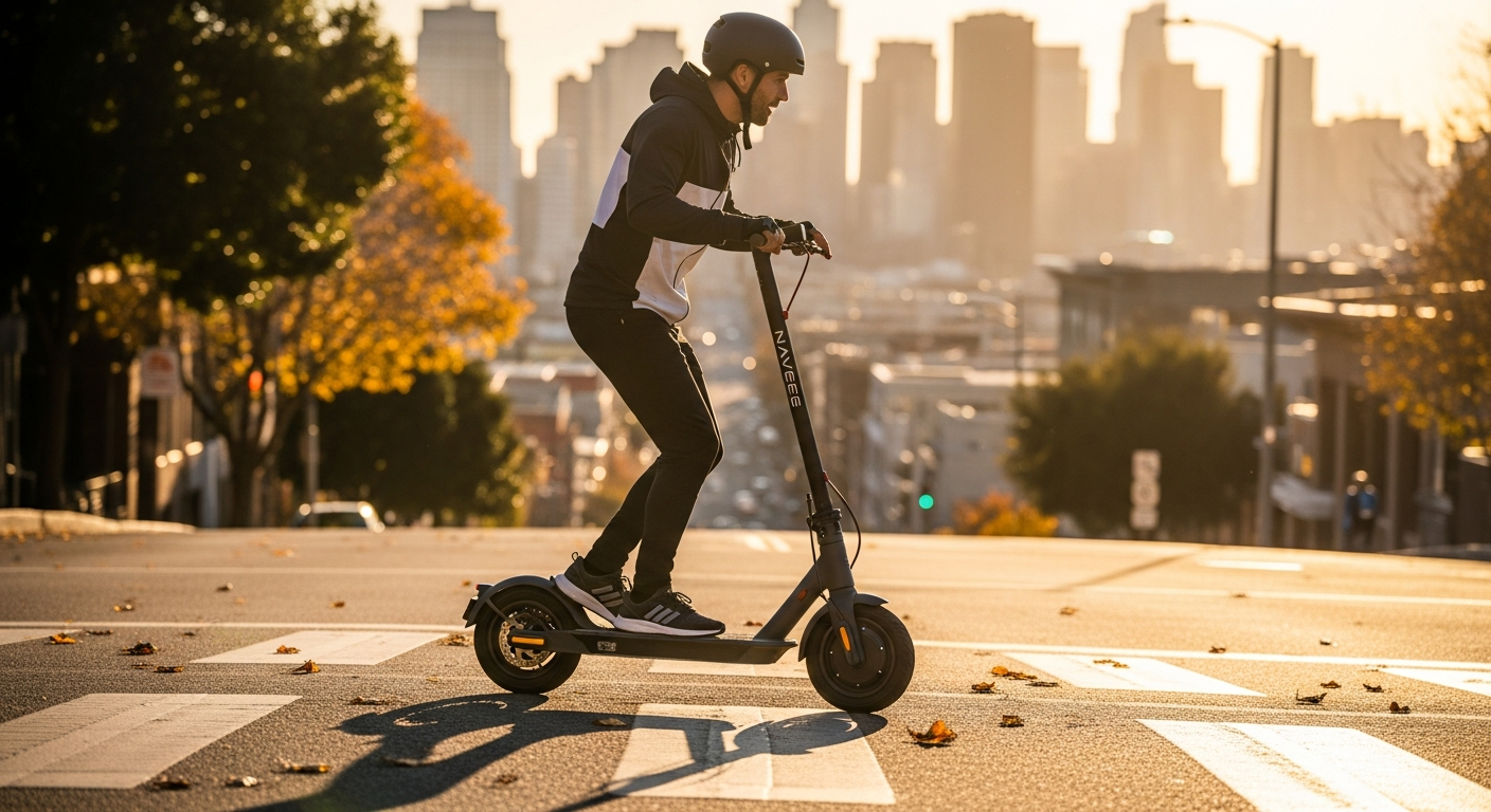 Navee ST3 Pro electric scooter on steep urban hill terrain