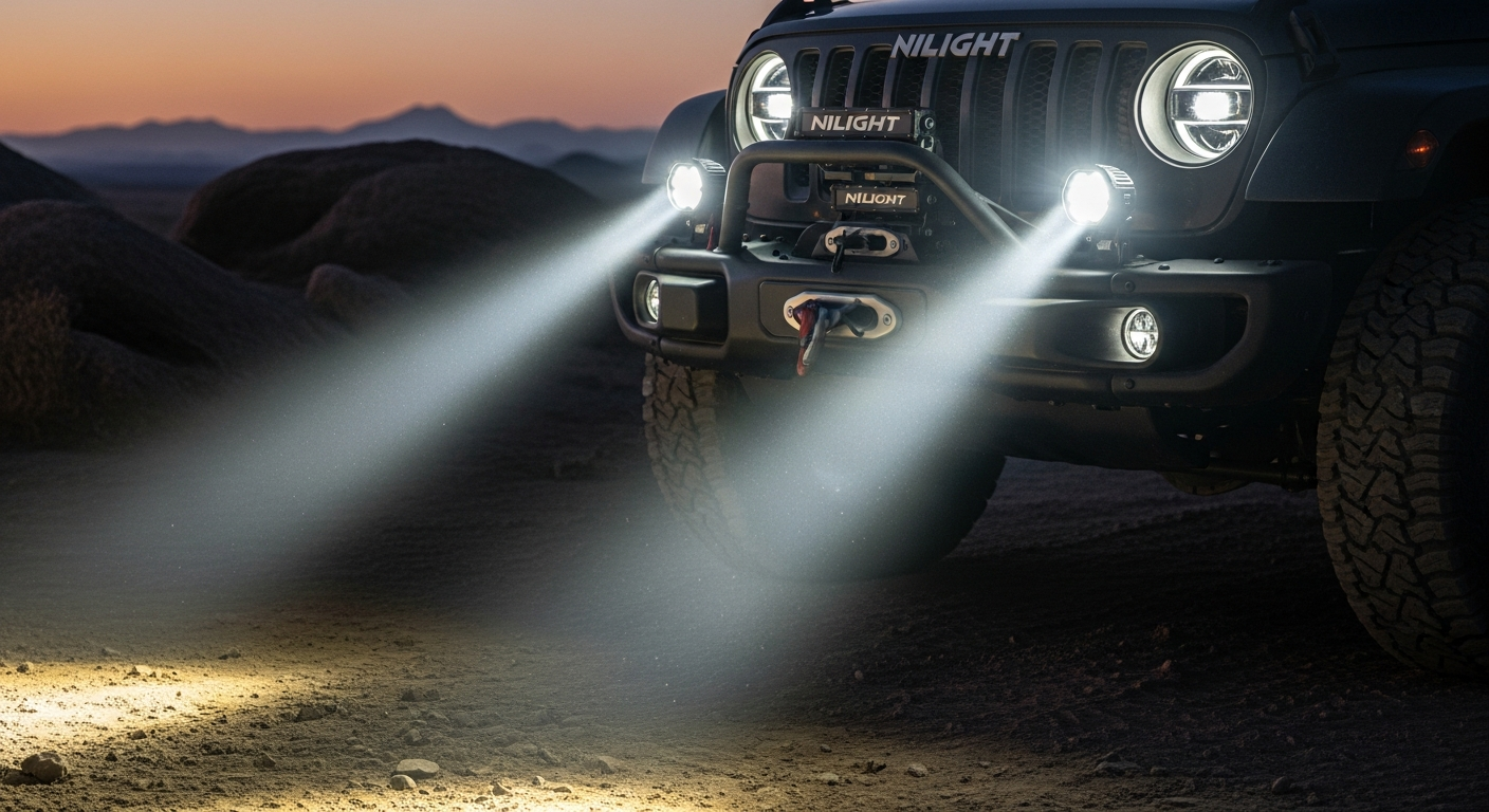 Nilight 18W LED pod light mounted on off-road vehicle bumper