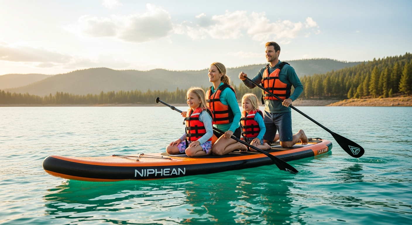 Niphean 10'6" inflatable paddle board floating on calm blue water with family members paddling