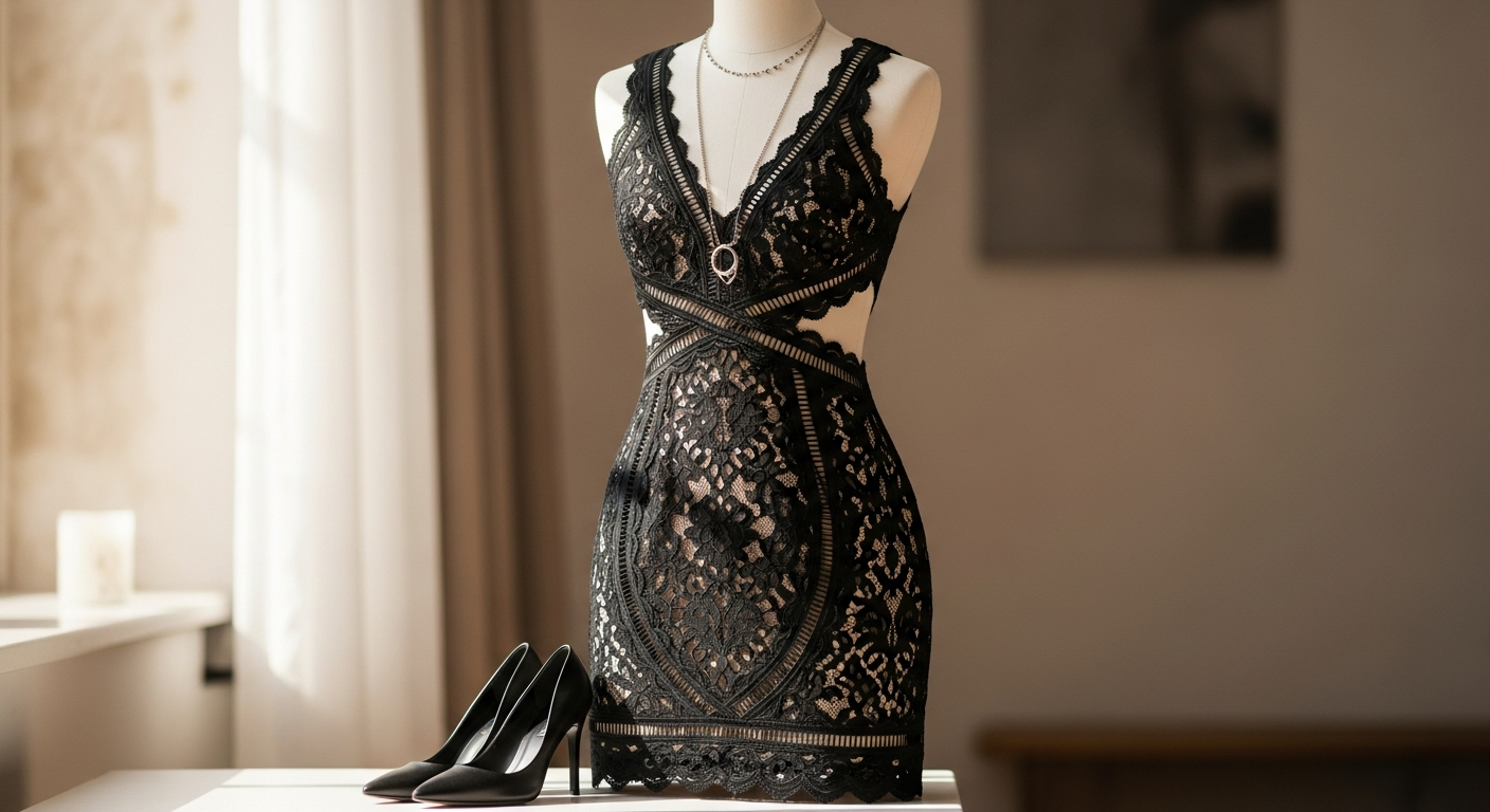 AMAYA Black Lace Cut Out Mini Dress displayed on model showing intricate lace and strategic cut-out details
