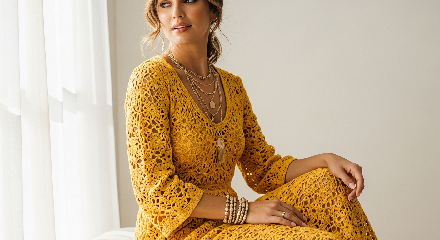 Yellow crochet maxi dress with long sleeves and scoop neckline displayed on model