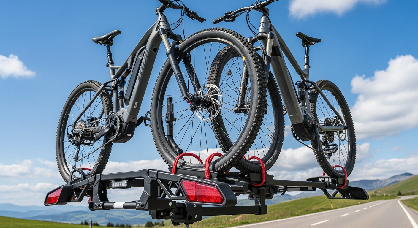 OutfitR 2-Bike Hitch E-Bike Rack mounted on vehicle with two electric bikes loaded