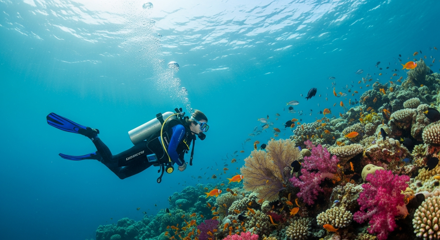 Red Sea liveaboard diving vessel anchored above pristine coral reef with divers preparing for underwater exploration