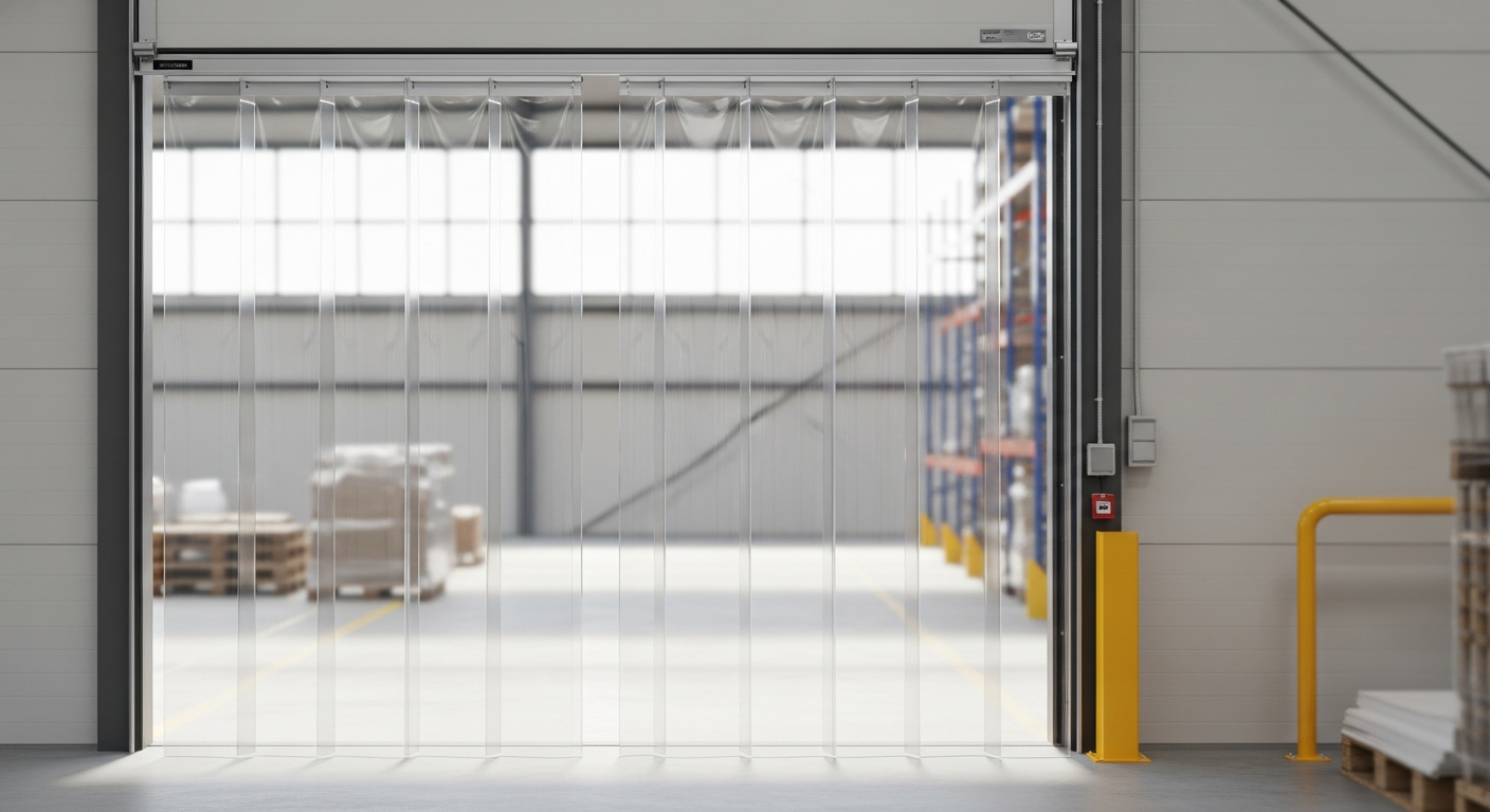 Transparenter PVC Streifenvorhang in Betriebshalle mit Gabelstapler