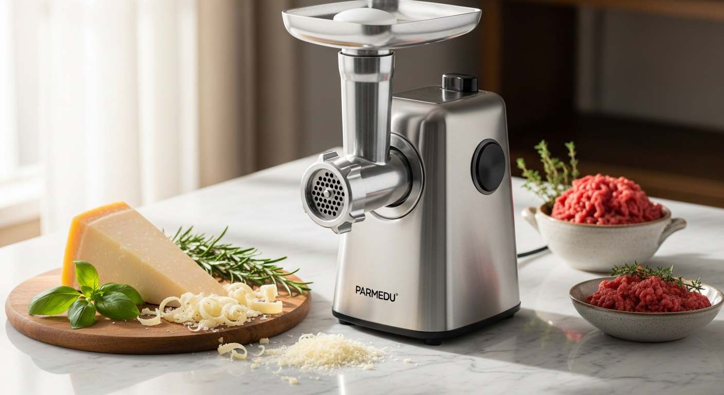 Parmedu Electric Cheese Grater Meat Grinder with multiple attachments displayed on kitchen counter