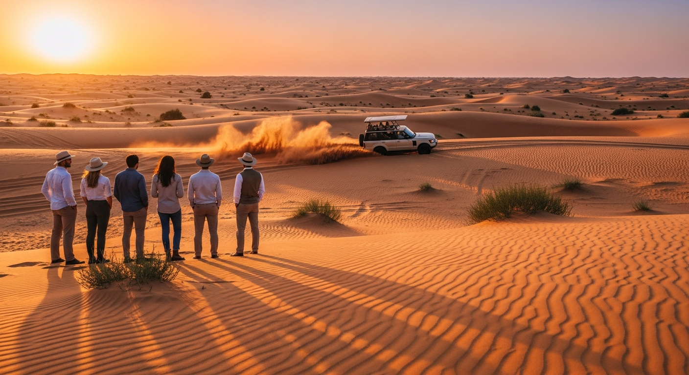 Dubai desert safari with 4x4 vehicles dune bashing under golden sunset sky