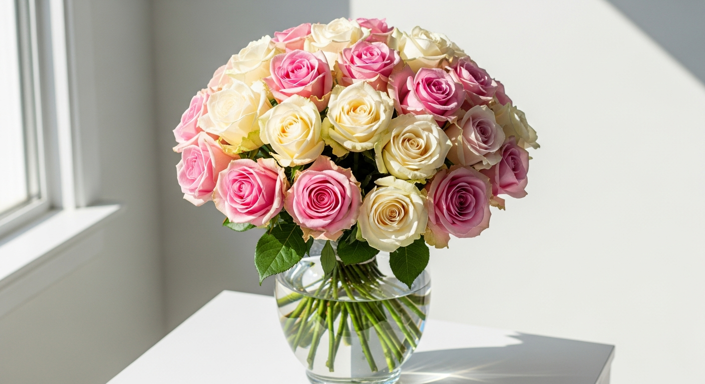 Viva La Vida pastel rose bouquet with pink purple orange and white roses