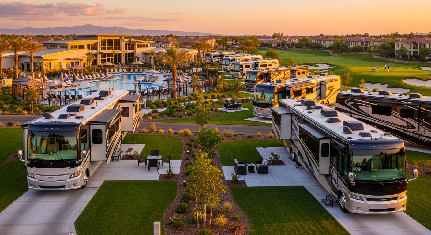 Luxury RV resort with heated pool, full hookups, and premium amenities