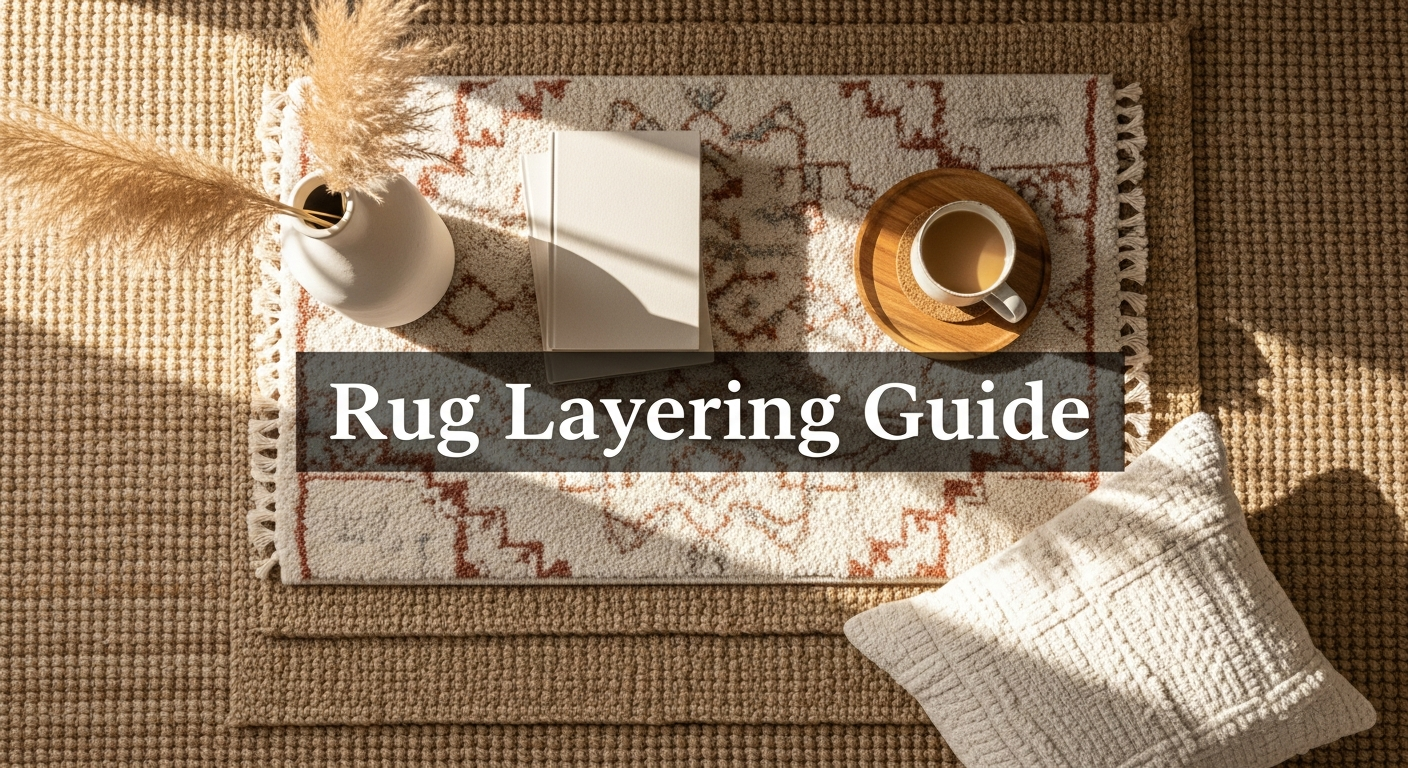 Handwoven jute-blend rug layered with patterned accent rug in modern living room