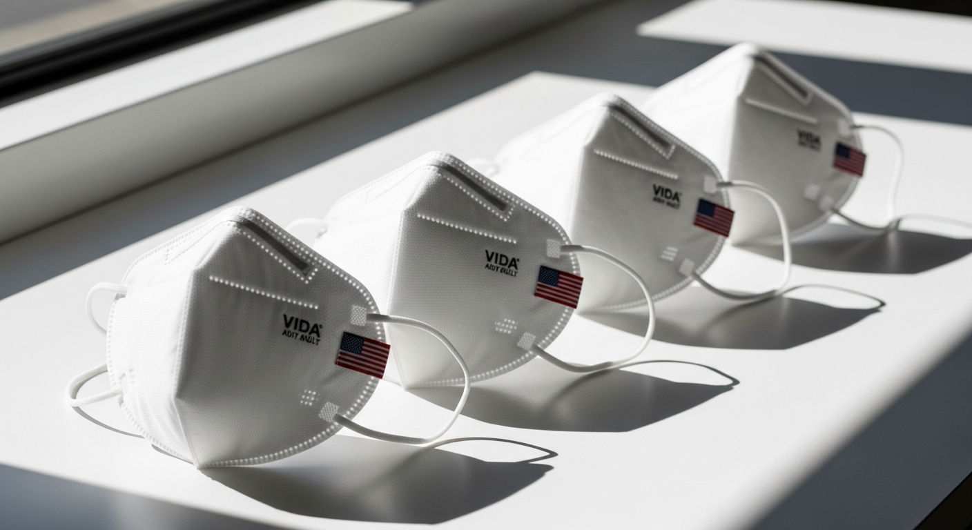 VIDA Adult KN95 High-Filtration Mask product display showing certified American-made respiratory protection