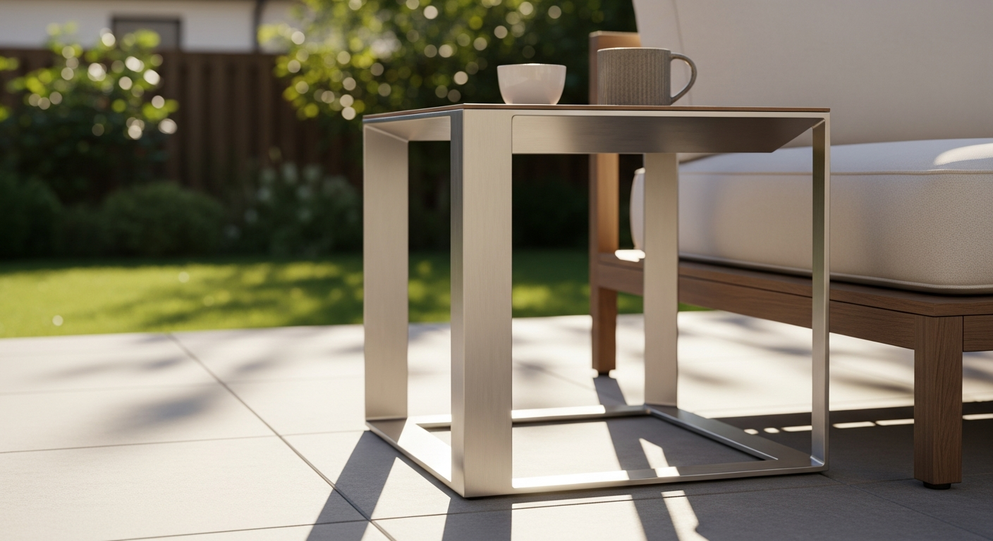 Grand Patio Steel Outdoor Side Table in mint green on a modern patio with plants