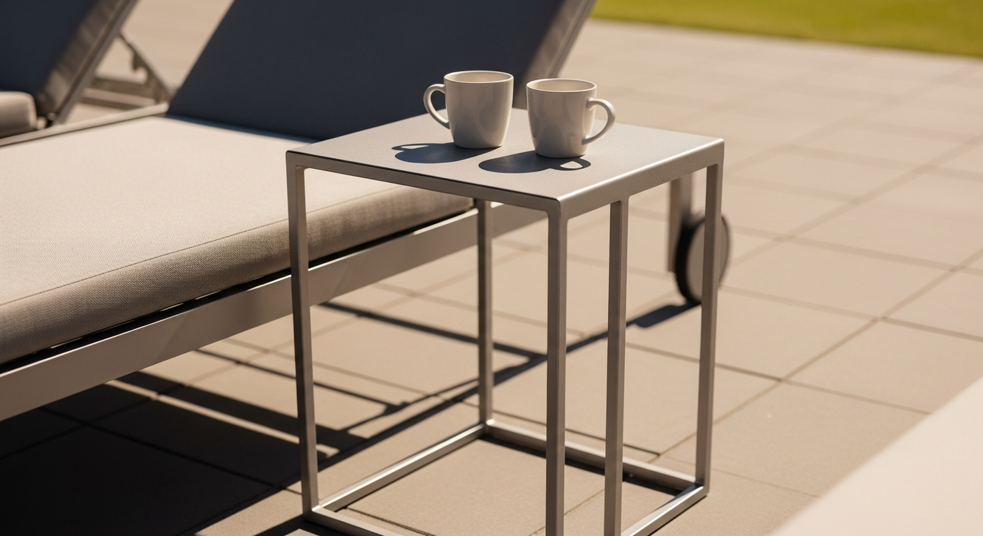 Grand Patio Steel Indoor Outdoor Side Table in multiple vibrant colors displayed on patio