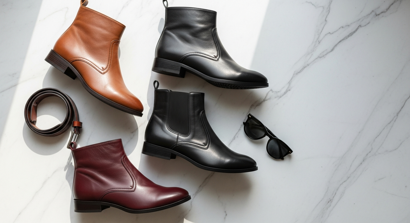 Premium full-grain leather ankle boots with block heel and side zipper closure