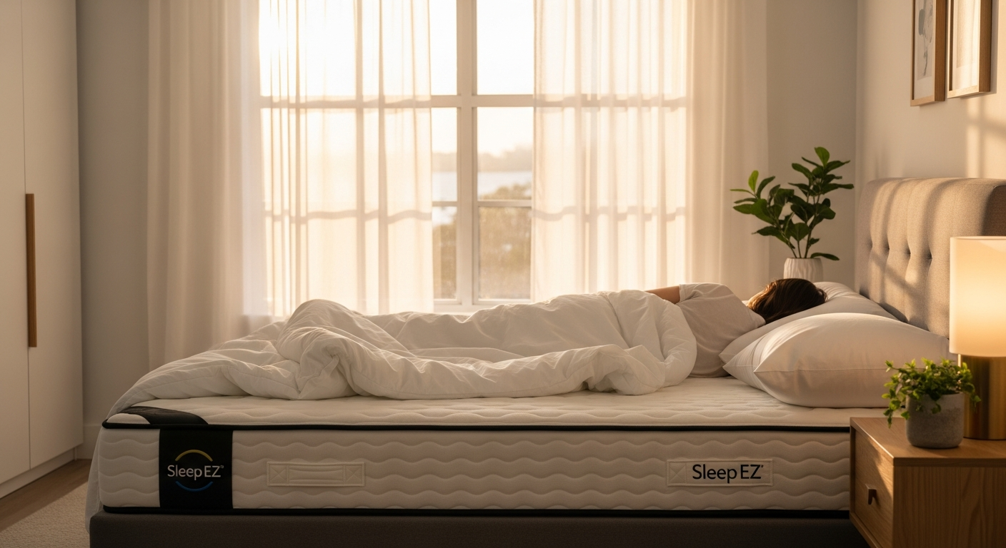 Sleep EZ Organic Latex Mattress displayed in bedroom setting showing customizable split-firmness design