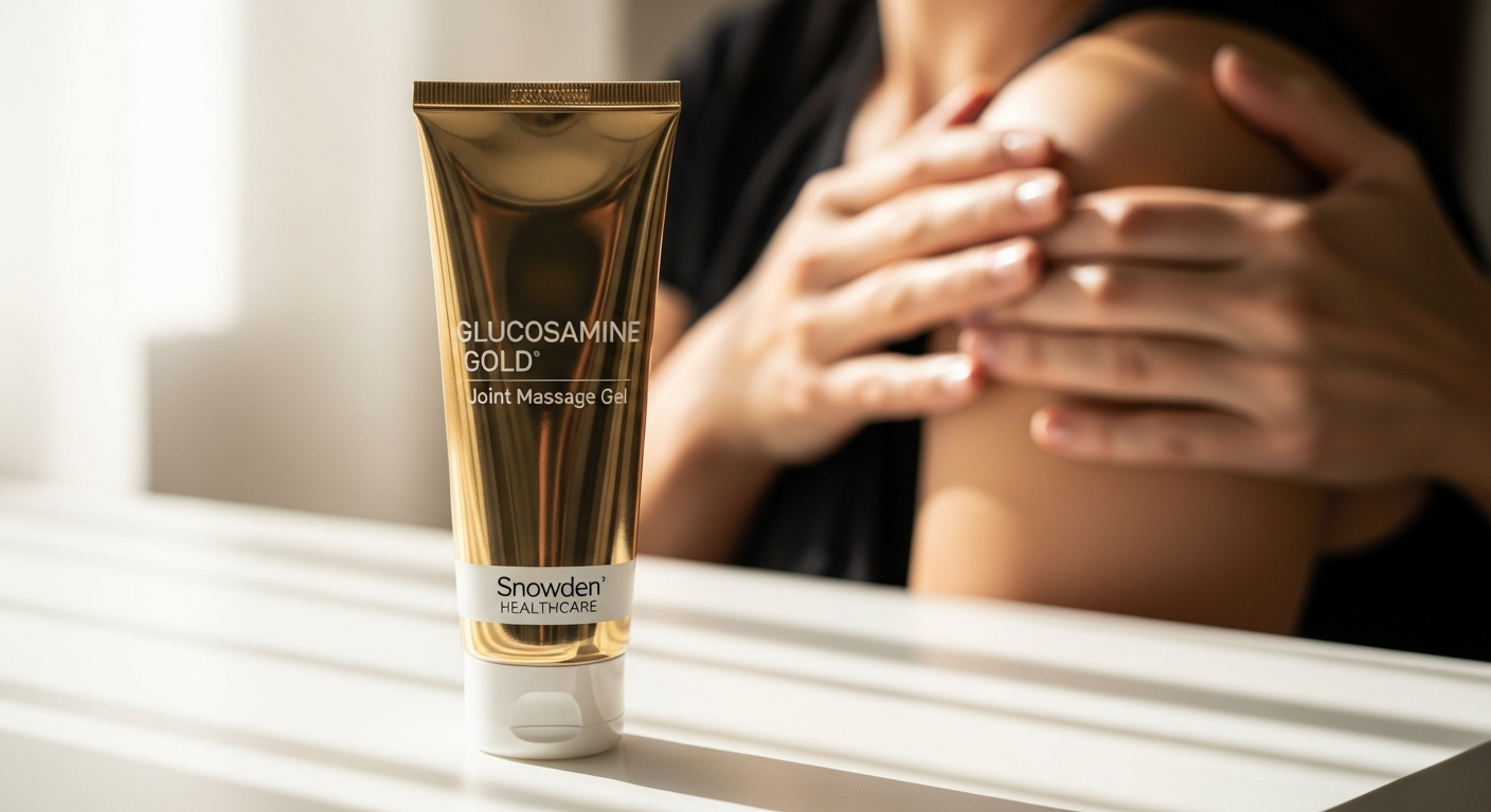 Glucosamine Gold Joint Massage Gel bottle displayed with natural ingredients and active lifestyle imagery